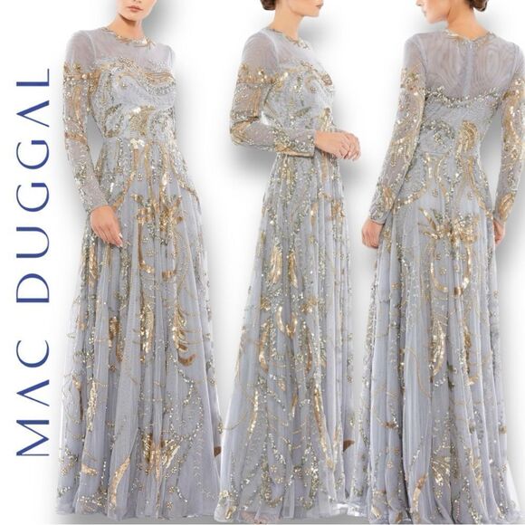 MAC DUGGAL Women’s Long Sleeve Embellished Illusion Evening Gown in the Size 12 - Picture 1 of 15
